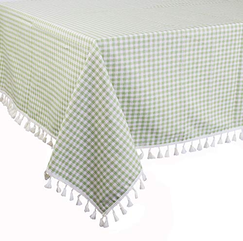 Fennco Styles Simply Striped Tassel Cotton Blend 55 x 55 Inch Tablecloth - Green Table Cover for Banquets, Holiday, Special Events, Outdoor and Home Décor