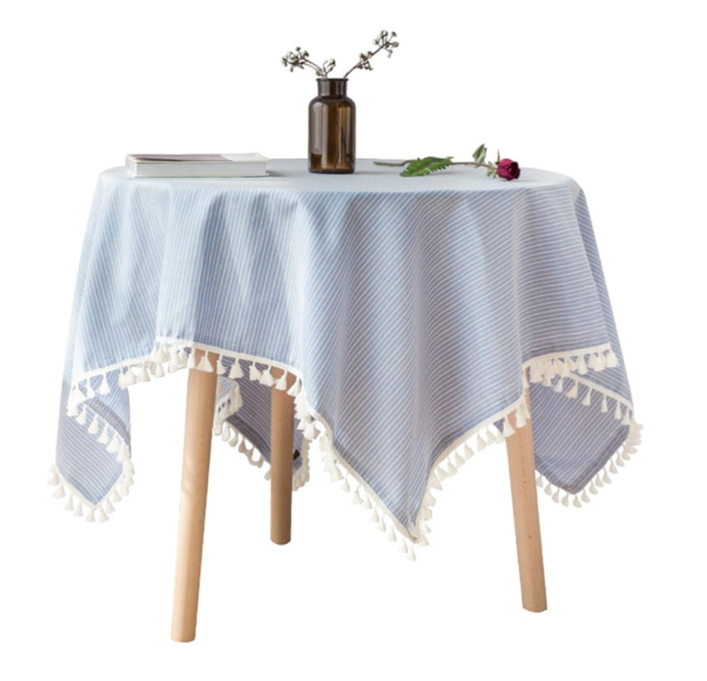 Fennco Styles Simply Striped Tassel Cotton Blend 55 x 55 Inch Tablecloth - Green Table Cover for Banquets, Holiday, Special Events, Outdoor and Home Décor