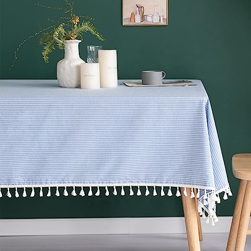 Fennco Styles Simply Striped Tassel Cotton Blend 55 x 55 Inch Tablecloth - Green Table Cover for Banquets, Holiday, Special Events, Outdoor and Home Décor