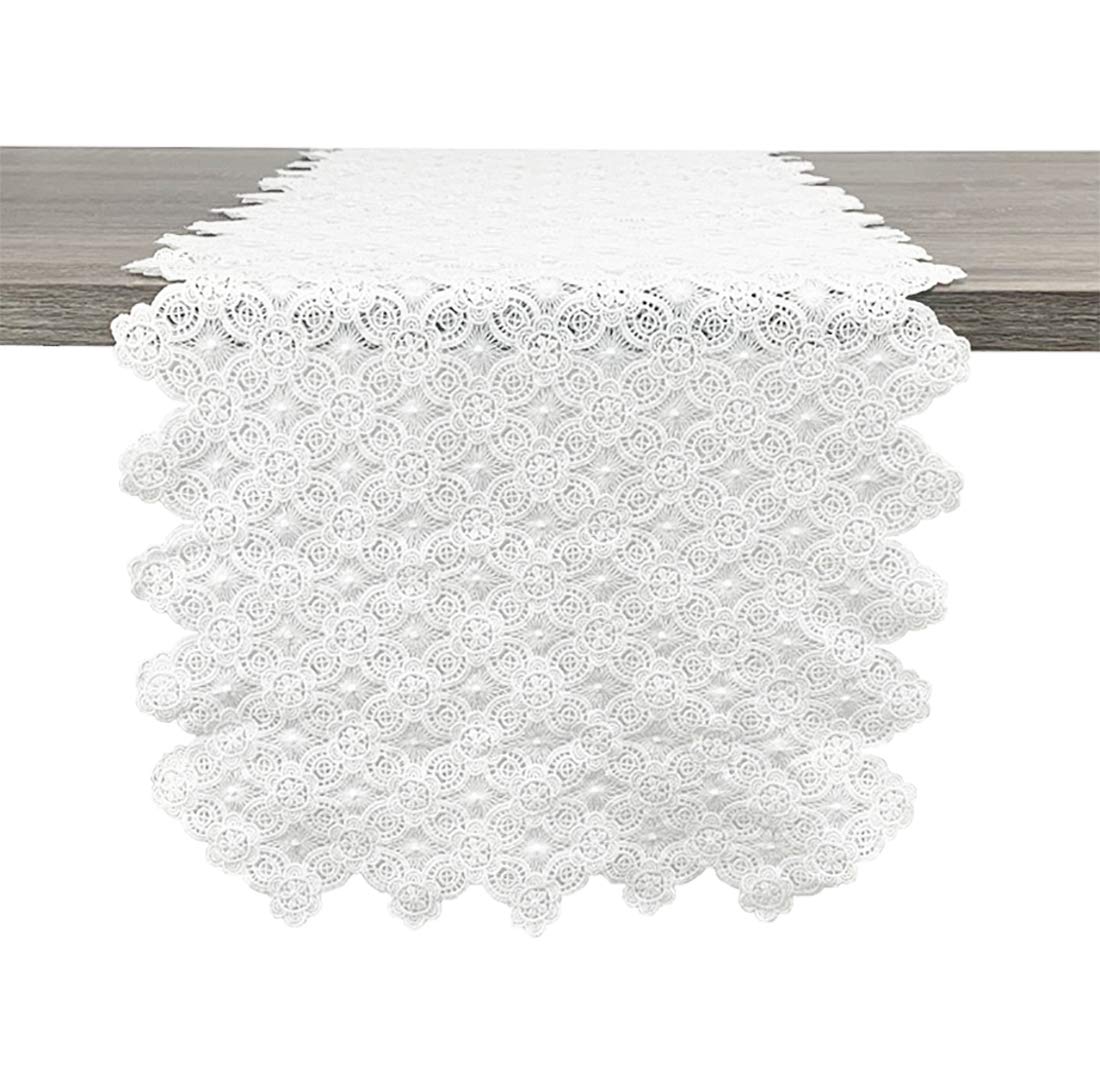 White Floral Lace Table Runner — 14 × 71 Inches