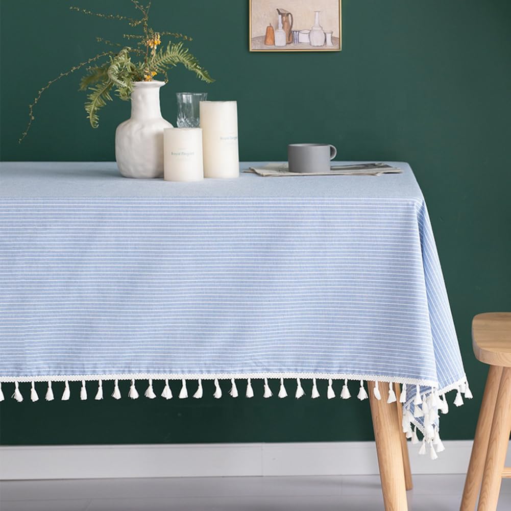 Fennco Styles Simply Striped Tassel Cotton Blend 55 x 55 Inch Tablecloth - Green Table Cover for Banquets, Holiday, Special Events, Outdoor and Home Décor