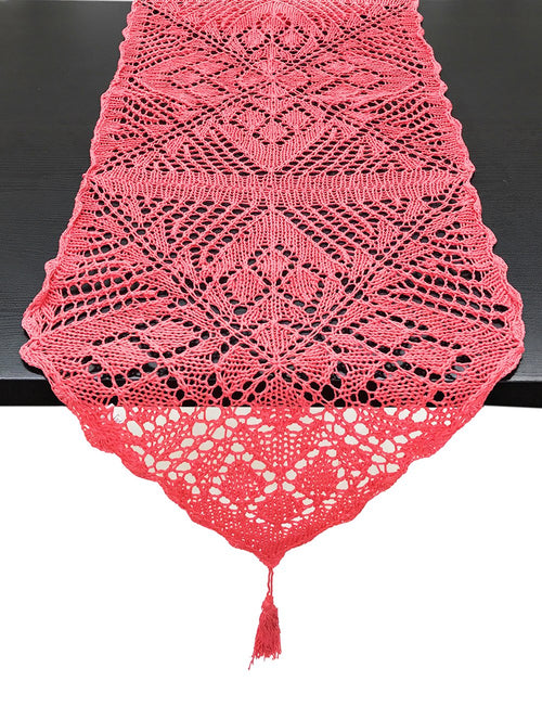 Coral Crochet Cotton Table Runner with Tassels