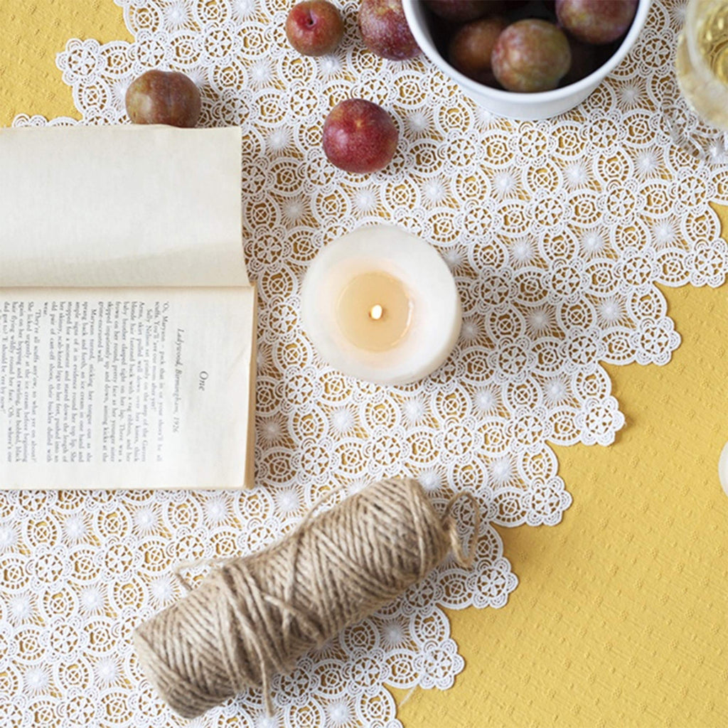 White Floral Lace Table Runner — 14 × 71 Inches