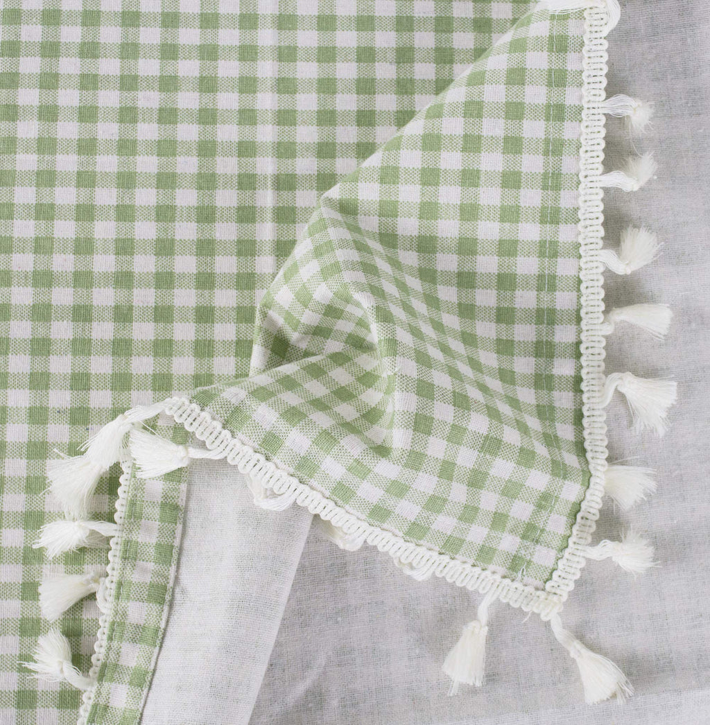 Fennco Styles Simply Striped Tassel Cotton Blend 55 x 55 Inch Tablecloth - Green Table Cover for Banquets, Holiday, Special Events, Outdoor and Home Décor