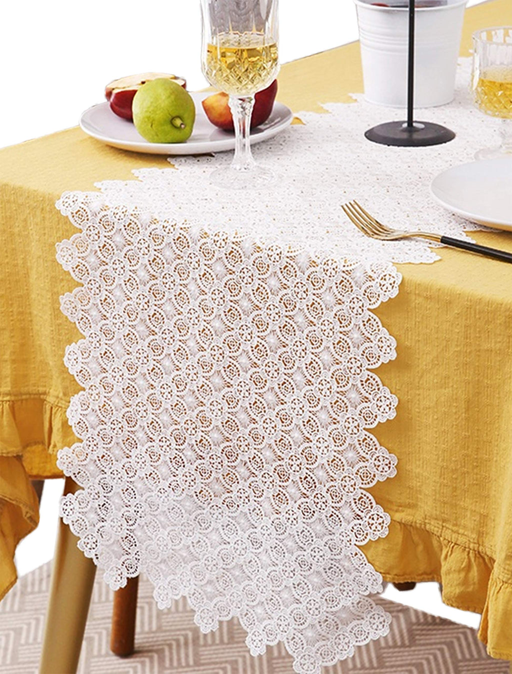 White Floral Lace Table Runner — 14 × 71 Inches