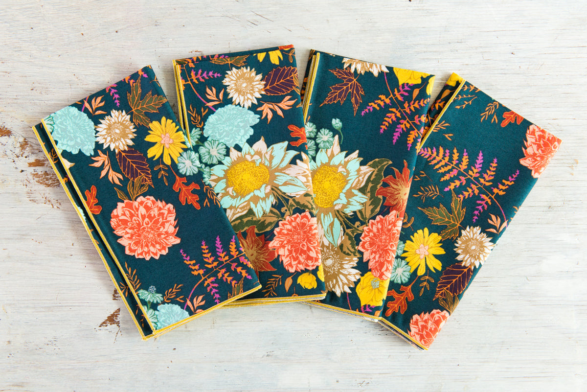 Winter Blue Floral Cotton Napkins — Set of 4